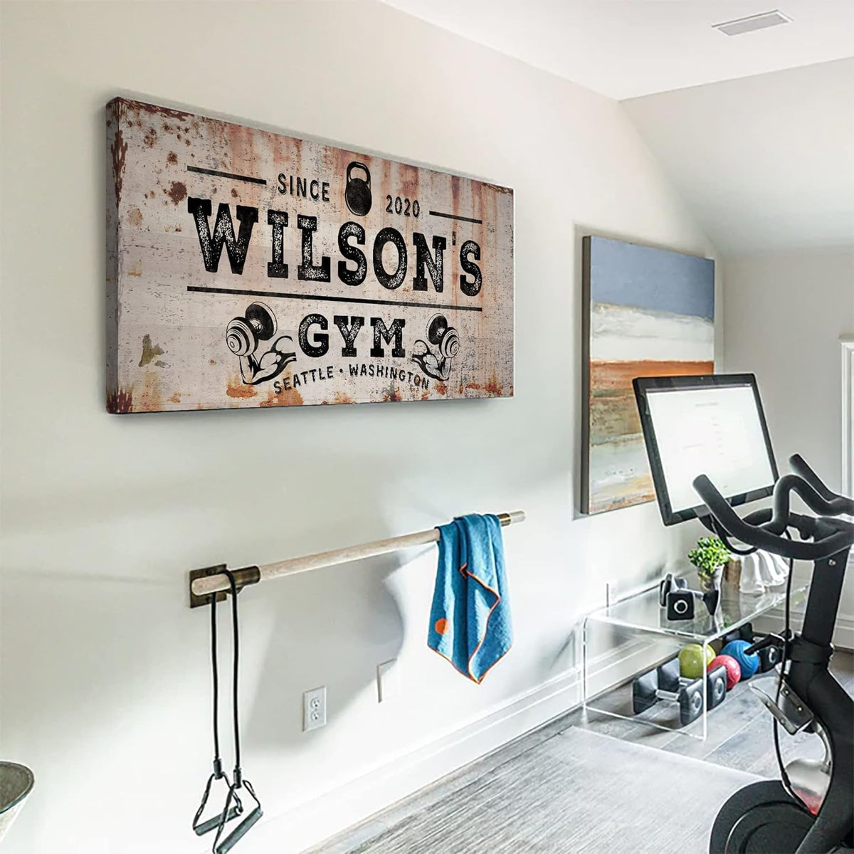 TAILORED CANVASES Personalized Gym Sign Wall Art Decor - Motivational Canvas s for Home Gym, Workout Room, Garage, Fitness Center - Workout Inspirational Posters - Kettlebell on Rustic, 36x12in