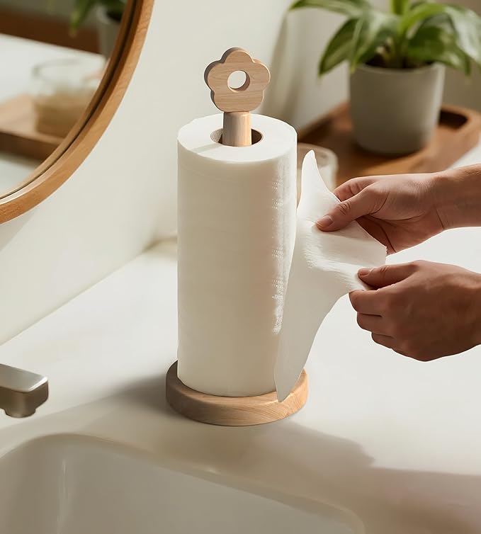 KitchLife Cute Wooden Paper Towel Holder for Countertop with Weighted Base – Solid Freestanding Paper Towel Stand Dispenser with Anti-Slip Base, Flower Top