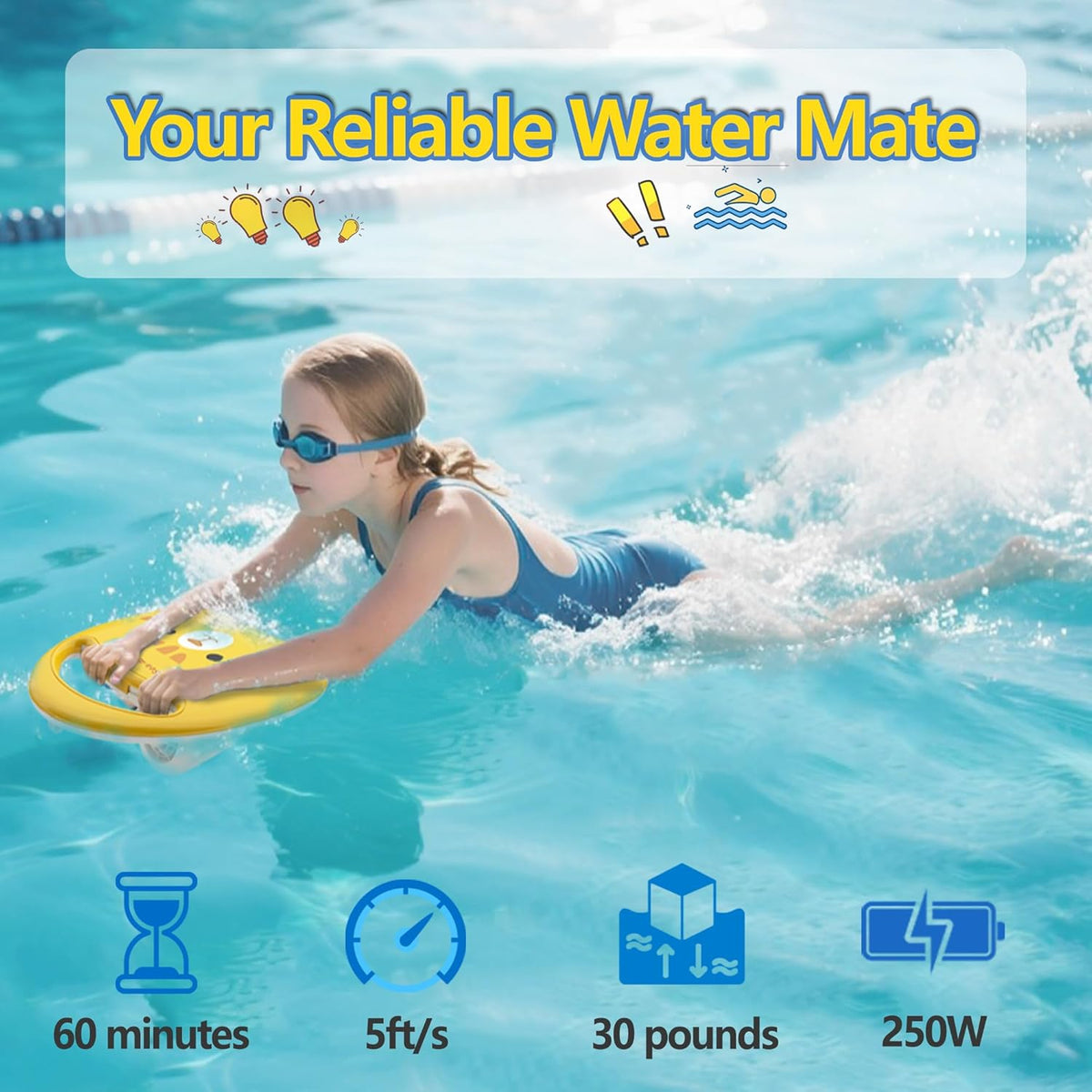 Electronic Swim Kickboard, Underwater Scooter Surfboard Underwater Scooter Portable Swimming Kickboard with Safety Lock for Kids Adults Water Sports