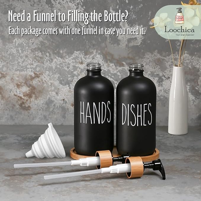 LOOCHICA 2 Pack Black Glass Soap Dispenser Set with Tray, Hand and Dish Glass Soap Dispensers for Kitchen Sink, Matte Black Soap Dispenser Suitable for Kitchen Sink, Rustic Kitchen Décor