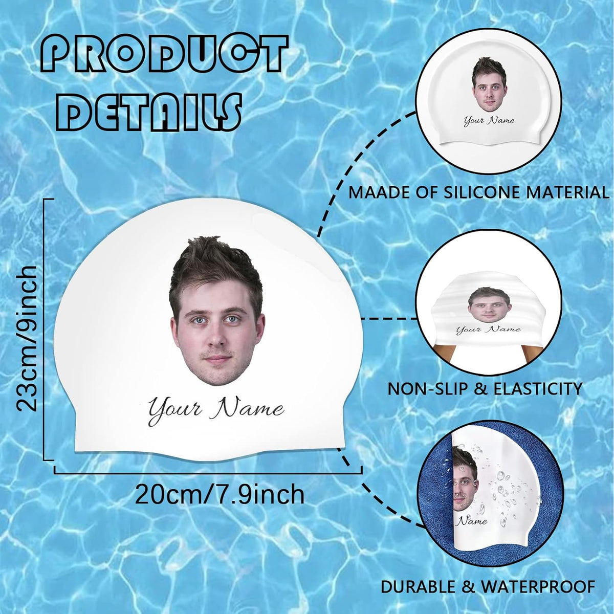 Custom Swim Cap with Photo Personalized Silicone Swim Cap for Men and Women Swimming Customized Swimmers Cap for Short and Medium Length Hair