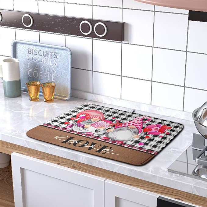 Valentine's Day Dish Drying Mats for Kitchen Counter, Gnome Love Kitchen Drying Mat, Buffalo Plaid Dish Drainer Mat Absorbent Quick Dry Dishes Pad 16 x 18 In - Farmhouse Decor Valentines Gift