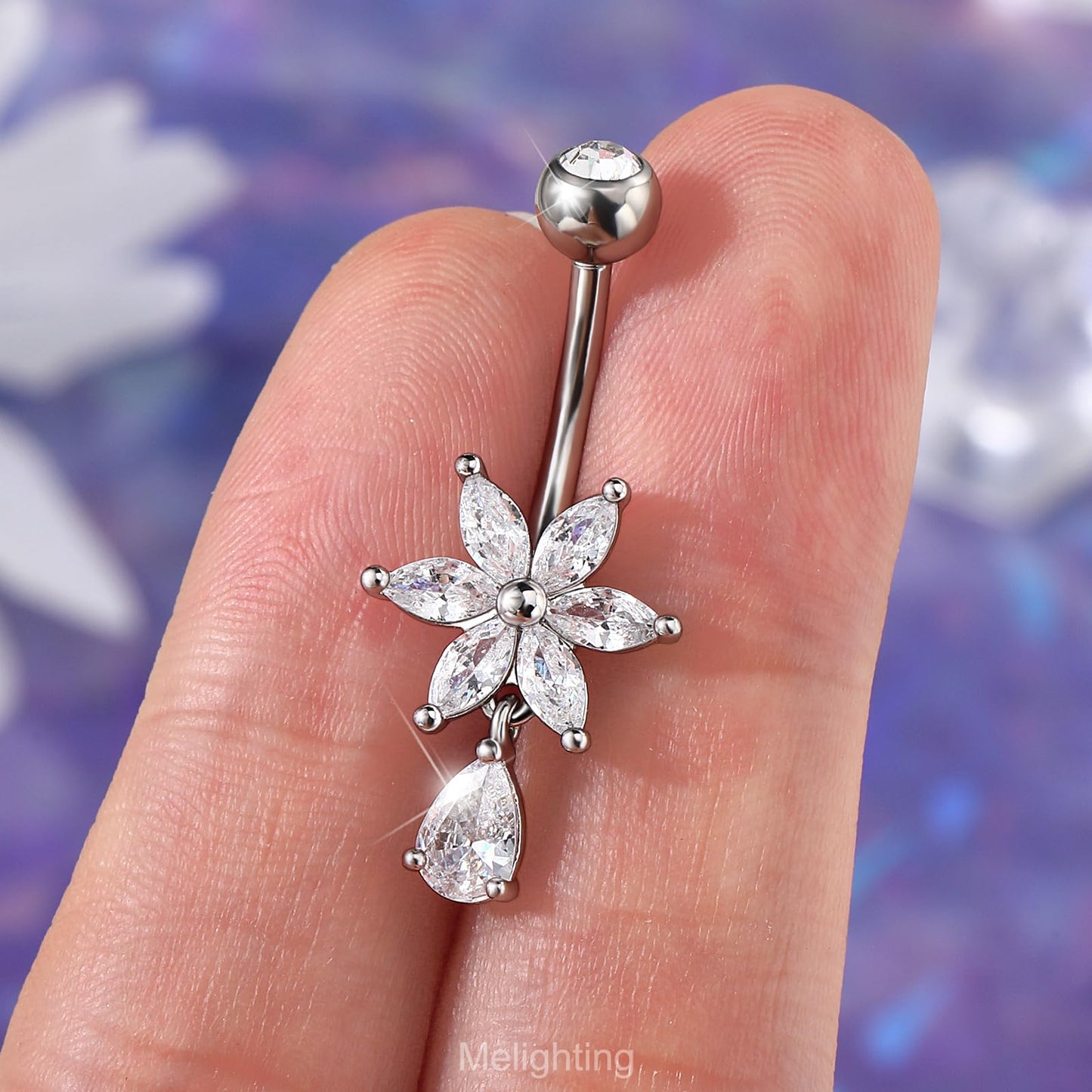 Melighting 14G Clear Belly Button Ring, Flower Belly Piercing Jewelry Surgical Steel 316L, Dangle Teardrop CZ Navel Piercing Barbell, 10 mm Silver Lotus Body Jewellery for Women