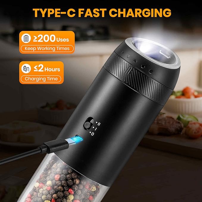 Gravity Electric Salt Grinder Set with Variable Grinding Speed, External Adjustable Coarseness, One Hand Operation, Upgraded Larger Capacity,White LED Light, Black 2 Pcs