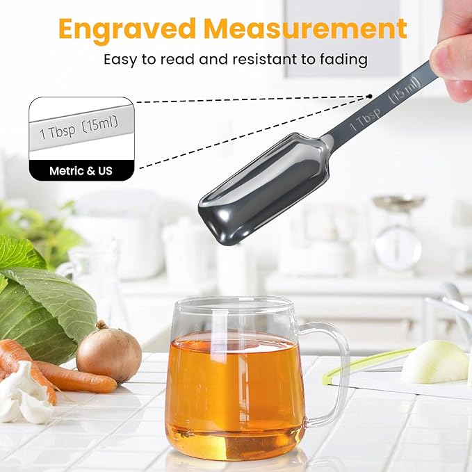 Stainless Steel Measuring Spoons Set of 8, Rectangular Metal Measuring Spoons with Leveler, Compact Spoons Design for Narrow Spice Jars, Teaspoon & Tablespoon Spoons for Dry & Liquid Ingredients