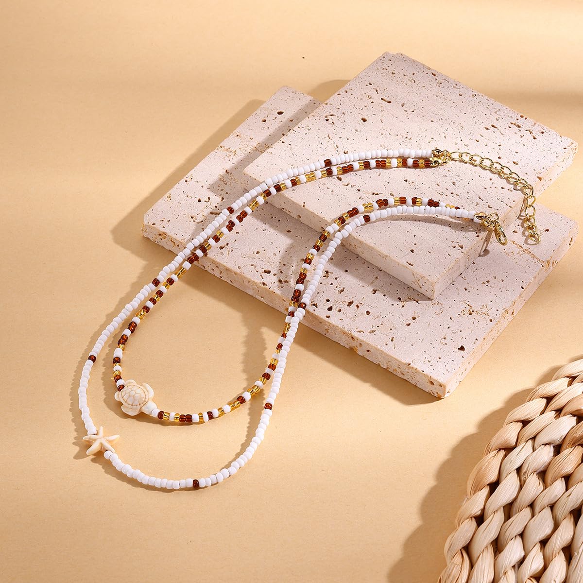 Sora Tuki Layered Starfish Necklace Beach Jewelry for Women Seashell Cowrie Puka Shell Necklaces for Women Beach Necklace Turtle Beaded Choker Necklaces Ocean Jewelry (2 - Beaded turtle)