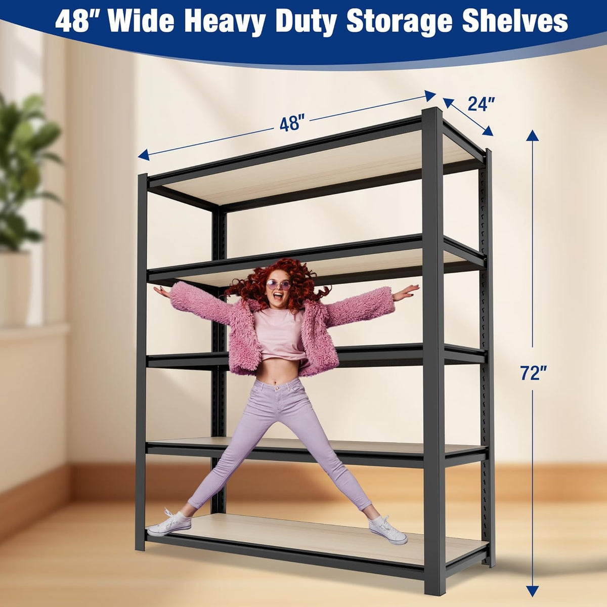 WORKPRO House 5-Tier Shelving Unit, Adjustable Heavy Duty Storage Shelves, Wood Grain Pattern, Waterproof Board, 3000lbs Boltless Shelving for Kitchen, Living Room, Garage, 48"W x 24"D x 72"H, Black