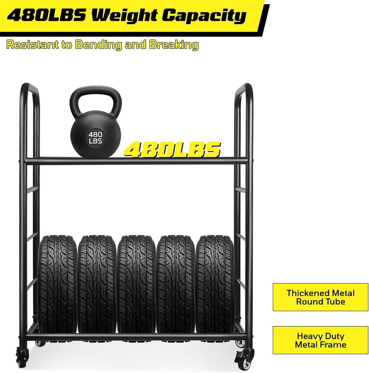 Tire Rack, 56 x 44 x 20 Inches Garage Tire Storage and Organization, Rolling Tire Rack 218KG/480LBS Capacity,2 Storage Shelf & 4 Swivel Casters,Black