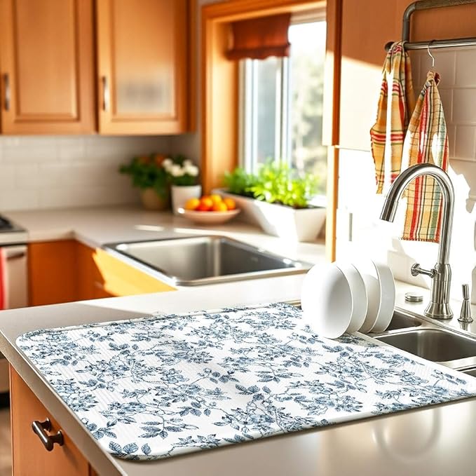 Floral Spring Large Dish Drying Mat for Kitchen Counter 18x24 Microfiber Absorbent - Foldable, Non-Slip, Compact Plant Leaves Kitchen XL Drying Mats for Dishes, Countertops, and Cookware