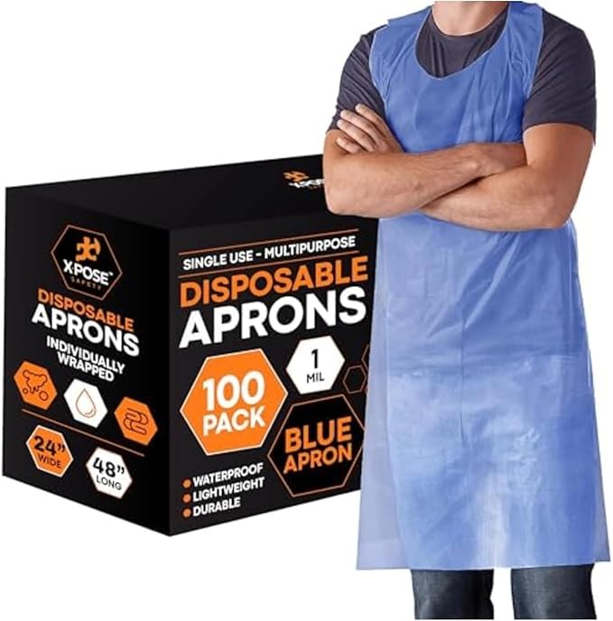 Xpose Safety 48,000 Blue Plastic Disposable Aprons for Cooking & more Individually Packaged Durable 1 Mil Waterproof Polyethylene 24" x 48"