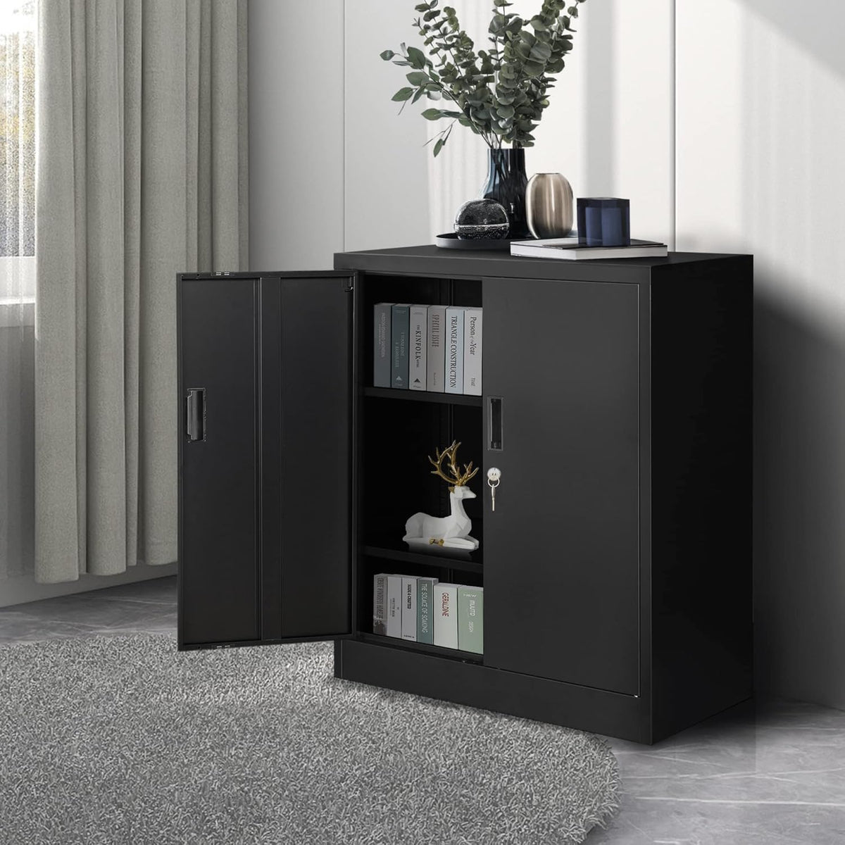 Metal Storage Cabinet, 36.2" H Locking Storage Cabinet with Adjustable Shelves for Garage, Home, Office, Utility Room-Black