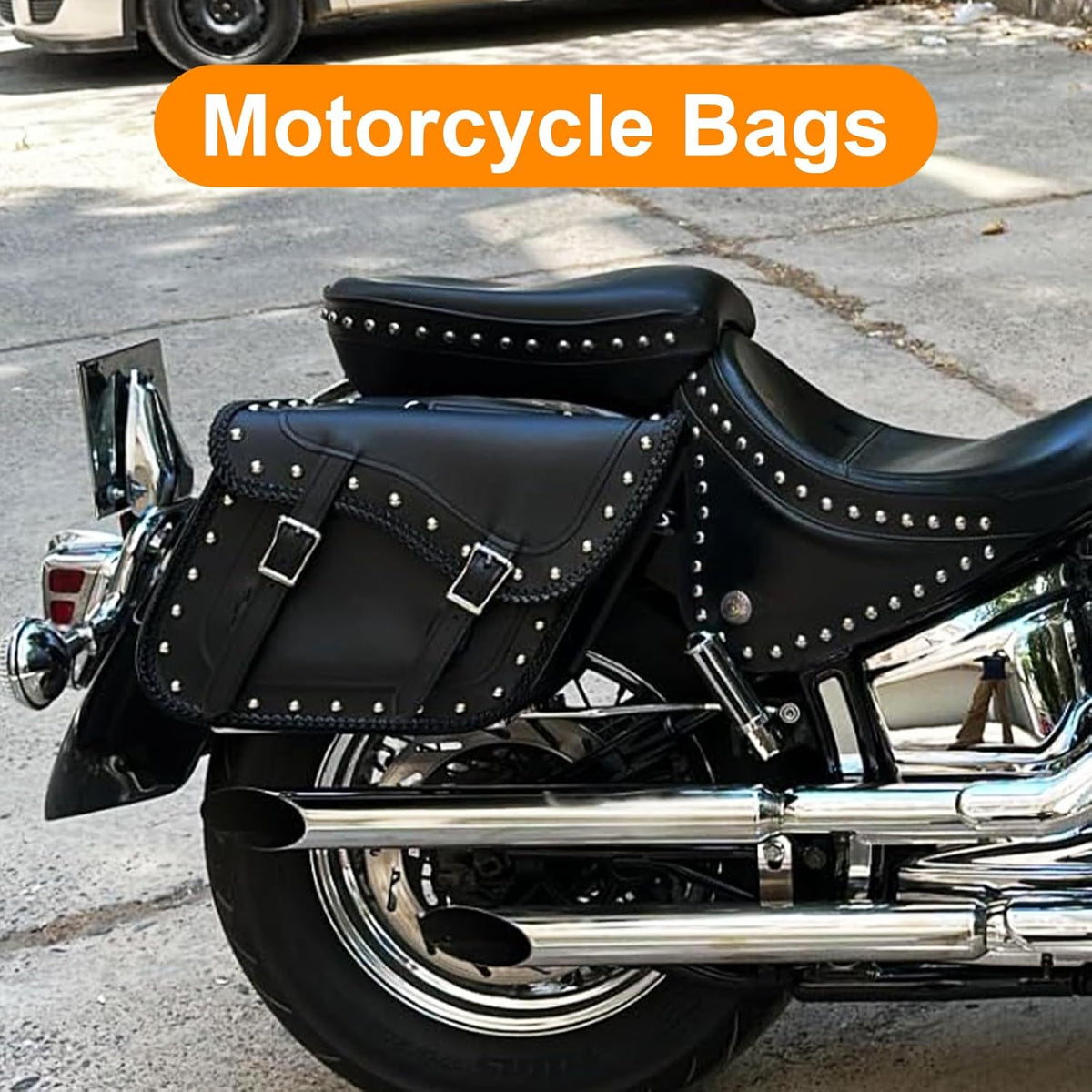 GARGOYLE BELLS Motorcycle Saddle Bags Synthetic Leather Motorcycle Luggage Bag Waterproof Throw Over Saddlebags For Softails Sportsters Choppers Dyna V-star Shadow (With Studs, Black, 16"x13"x11.5")