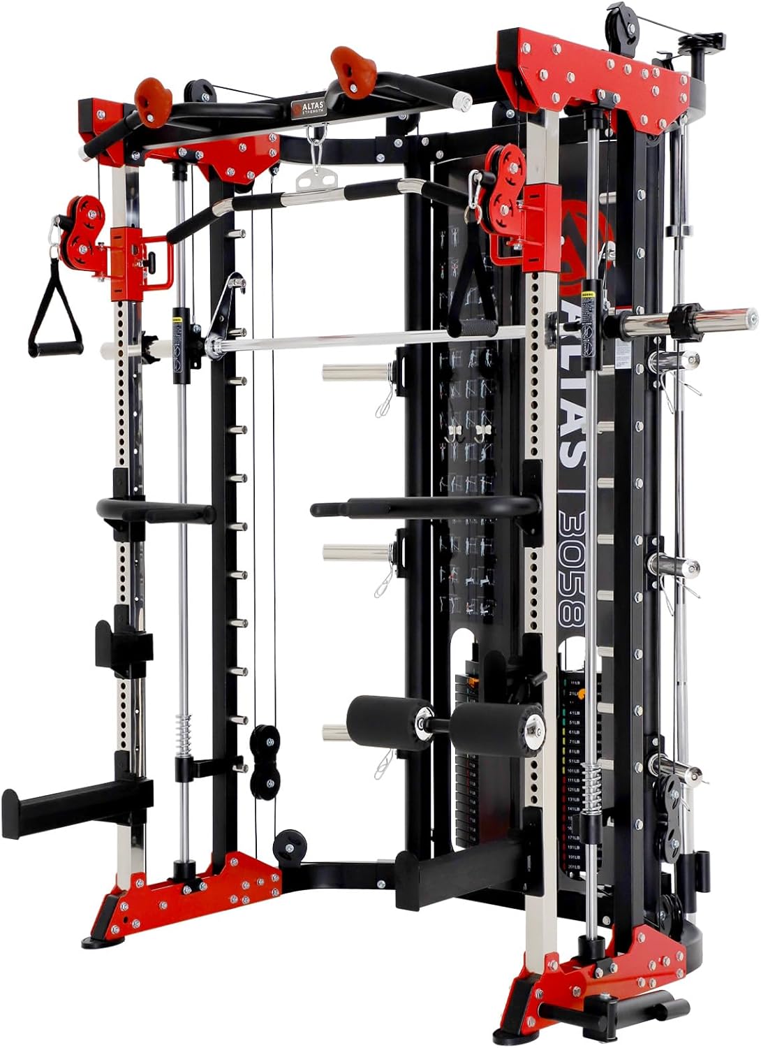 Altas Strength Smith Machine 3058G Home Gym 1000 lbs Weight Capacity 2000 lbs Cables Strength Training Power Cages Squats Presses Pulling Lunges Deadlifts Easy Assembly Included Accessories