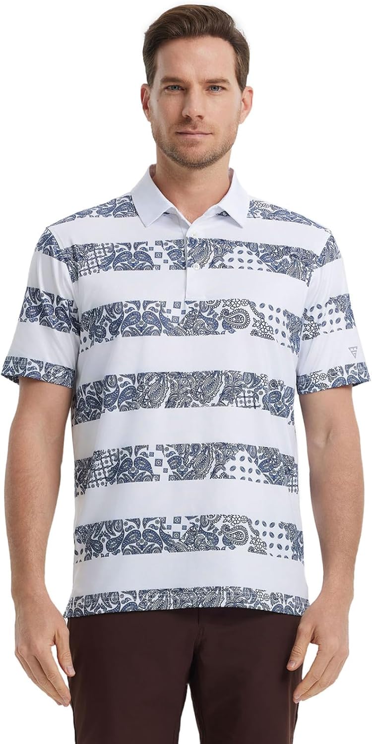 Men's Golf Polo Shirts Short Sleeve Striped Performance Moisture Wicking Dry Fit Golf Shirts for Men