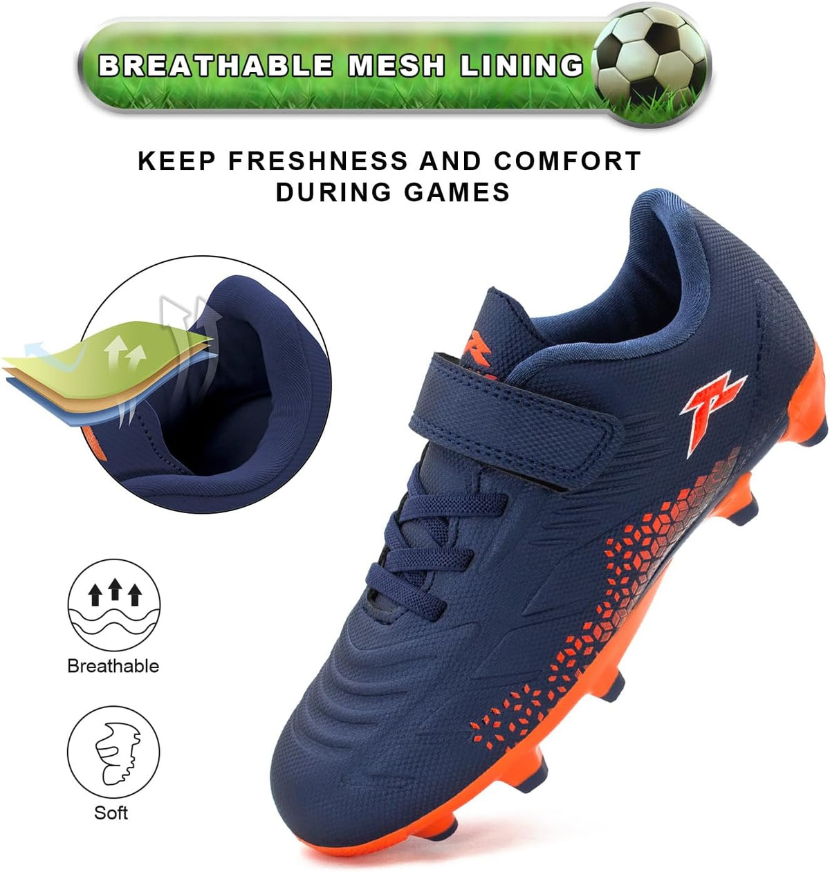 RUNIC Kids Soccer Cleats for Boys and Girls - Small and Big Kid Athletic Outdoor Football Shoes - Firm Ground - Hook and Loop Closure - Black/Gold