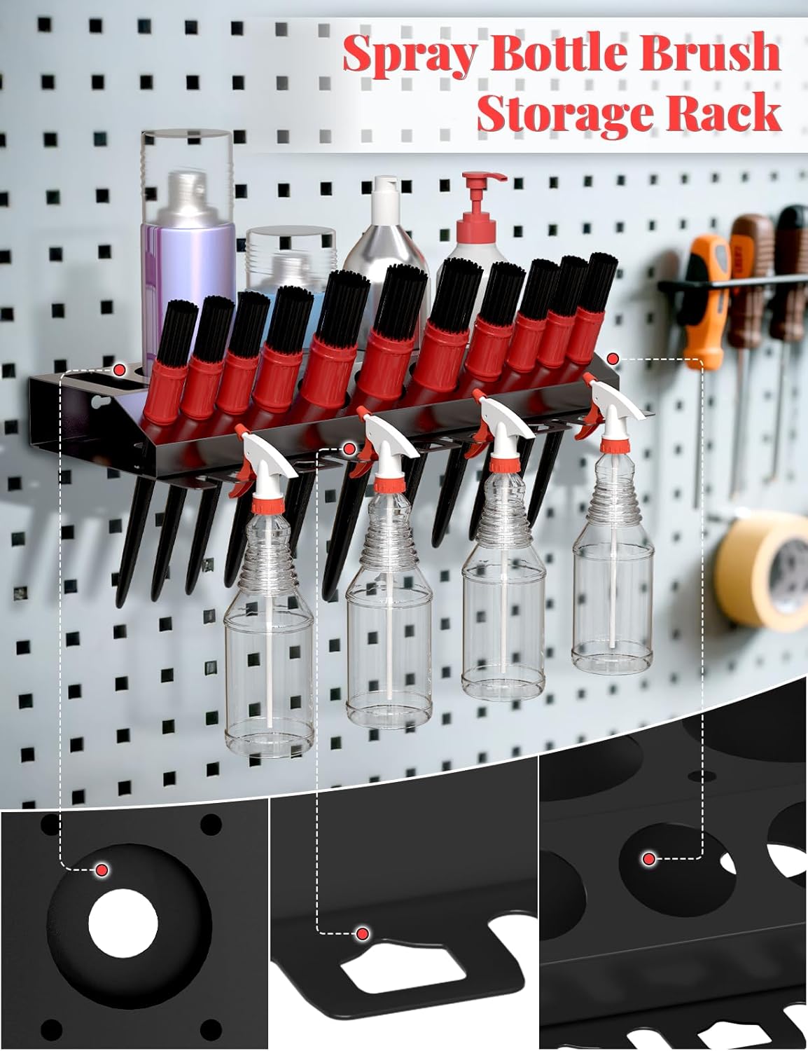 Spray Bottle Storage Rack, Wall Mount Bottle Organizer Car Detailing, Detailing Brush Organizer, Car Beauty Shop Accessory Display, 3/8" Air Tool Holder for Garage and Workspace, 2Pcs, Black