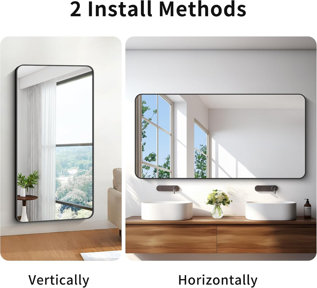 30x60 inch Bathroom Mirror,Black Rectangle Mirror,Wall Mounted Bathroom Frame Vanity Mirror with Round Corner for Bedroom Living Room, Entryway Hangs Horizontal or Vertical