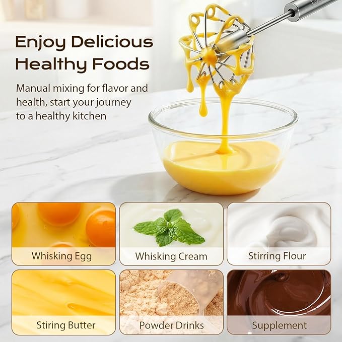 Upgraded Stainless Steel Semi-Automatic Whisk - Easy to Use Whizzy Whisk, Versatile Wisker Tool for Cooking, Kitchen Essential Egg Beater for Baking, Whisking, Beating & Stirring (10in）