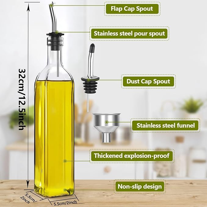 Showvigor Olive Oil Dispenser Bottle, Vinegar Cruet Bottle 17oz/500 ml, Square Tall Glass Oil Container with 2 Stainless Steel Pourers, 4 Labels,1 Brush and 1 Funnel Oil Bottles for Kitchen(2 Set)