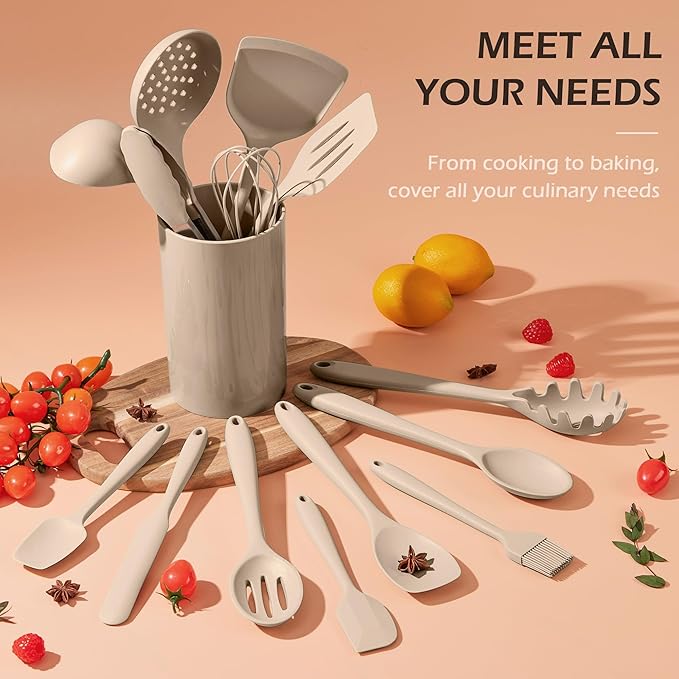15-Piece Kitchen Cooking Utensils Set with Holder, Homikit Heat Resistant Food Grade Silicone Kitchen Utensils include Slotted Spatula Ladle Turner for Nonstick Cookware, Dishwasher Safe- Khaki