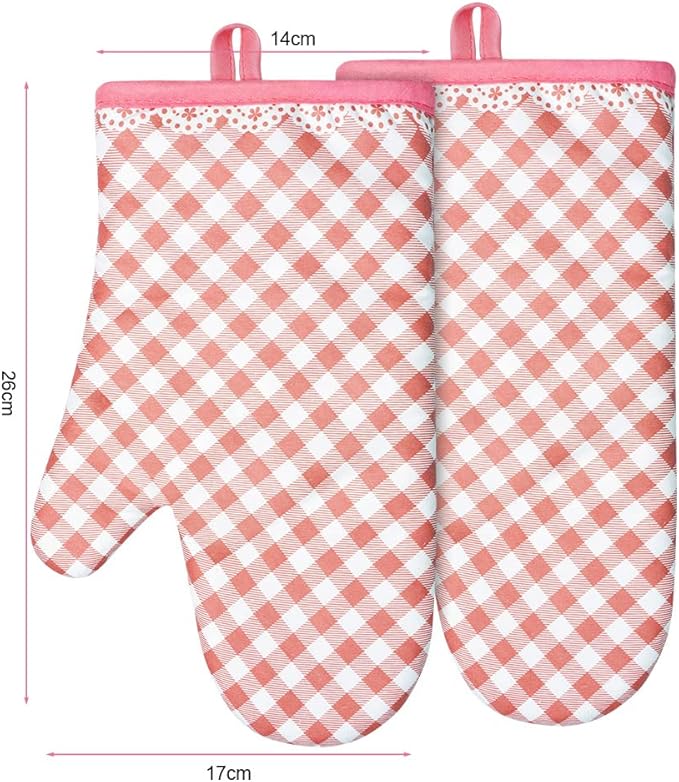 AUAUY Pink Oven Mitts, Kitchen Mittens, 392F Heat Resistant Non-Slip Gloves for Cooking, Baking, BBQ, Grilling - Cotton Infill, 1 Pair