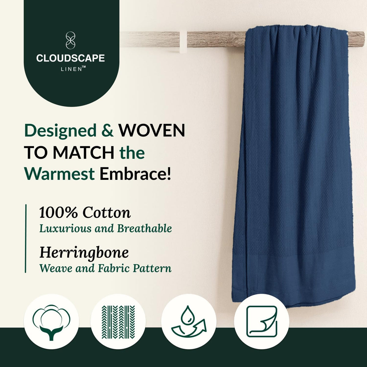 Herringbone Cotton Twin Blanket for Couch, Bed,Sofa, Home Decor, Soft, Lightweight, All-Season Bed Blanket, 68 x92, Ensign Blue