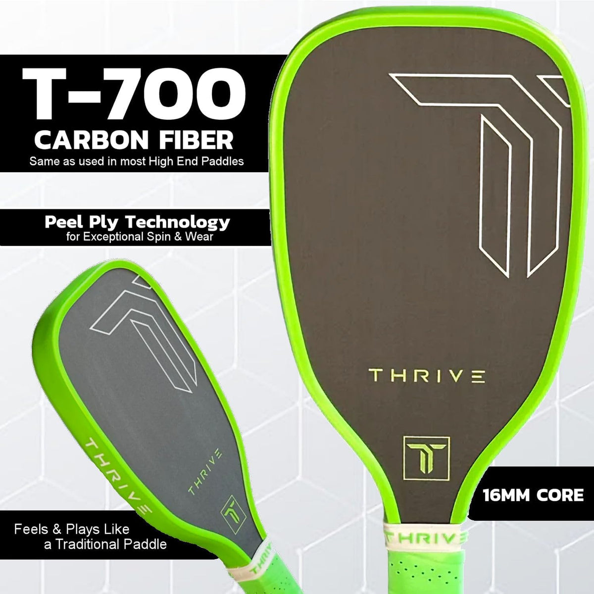 Thrive Pickleball Training Paddle Kit - Includes Trainer Paddle, 3 Fast Hands Mini Pickleballs & Paddle Eraser - T-700 Carbon Fiber, Extra Long Handle, 16mm Core