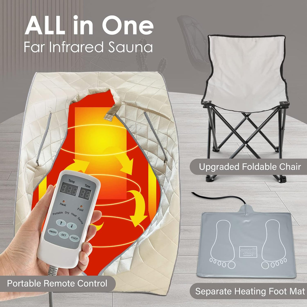 Smartmak Far Infrared Sauna, Full Body One Person Portable SPA Set with Time & Tempreture Remote Control, Heating Foot Pad and Foldable Reinforced Chair (L 27.6’’ x W 31.5’’ x H 37.8’’)- Beige