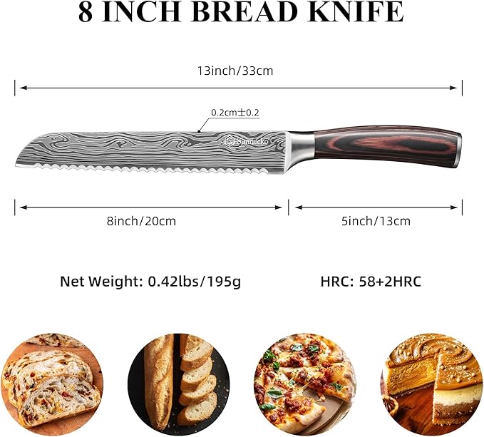 Sunnecko Bread Knife 8 Inch, High Carbon Stainless Steel Serrated Bread Knife for Homemade Bread, Wedding Cake Knife with Wooden Handle Serrated Kitchen Knife with Sheath