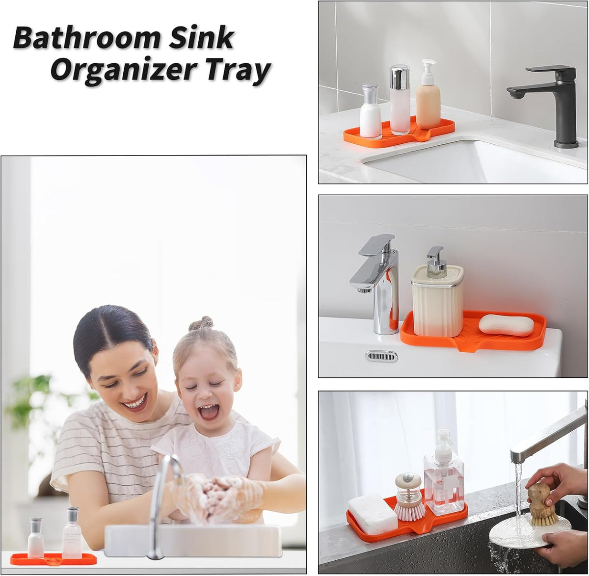 Silicone Bathroom Soap Dishes with Drain Spout-Bathroom and Kitchen Sink Organizer,Sponge Holder,Dish Soap Tray,Perfect for Dispenser,Scrubber,Bottle,Cup on Sink or Counter-Orange 9.6"×5.3"
