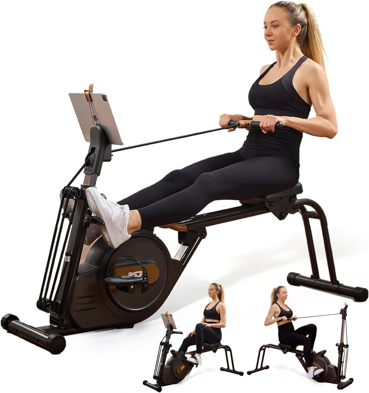 3 in 1 Rowing Machine, Dual Slide Rail 6-Level Adjustable Height with Max 350lb Weight Capacity, Home Fitness Rower for Full Body Workout, App Compatible