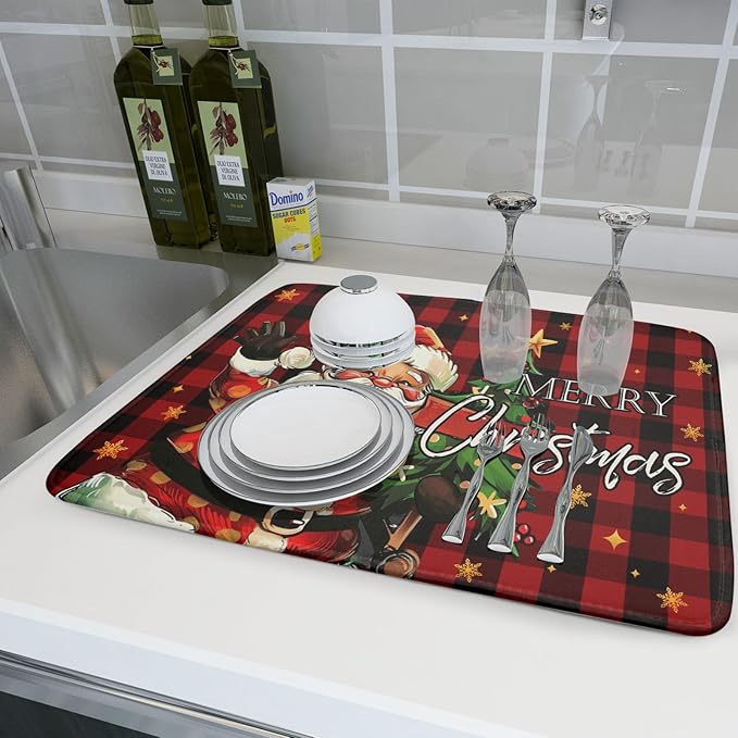 Merry Christmas Santa Claus Red Buffalo Plaid Dish Drying Mat for Kitchen Counter,Winter Snowflake Xmas Tree Drying Mat 18 x 24 Inch with Absorbent Reversible Microfiber Dish Drying Pad for Coffee Bar