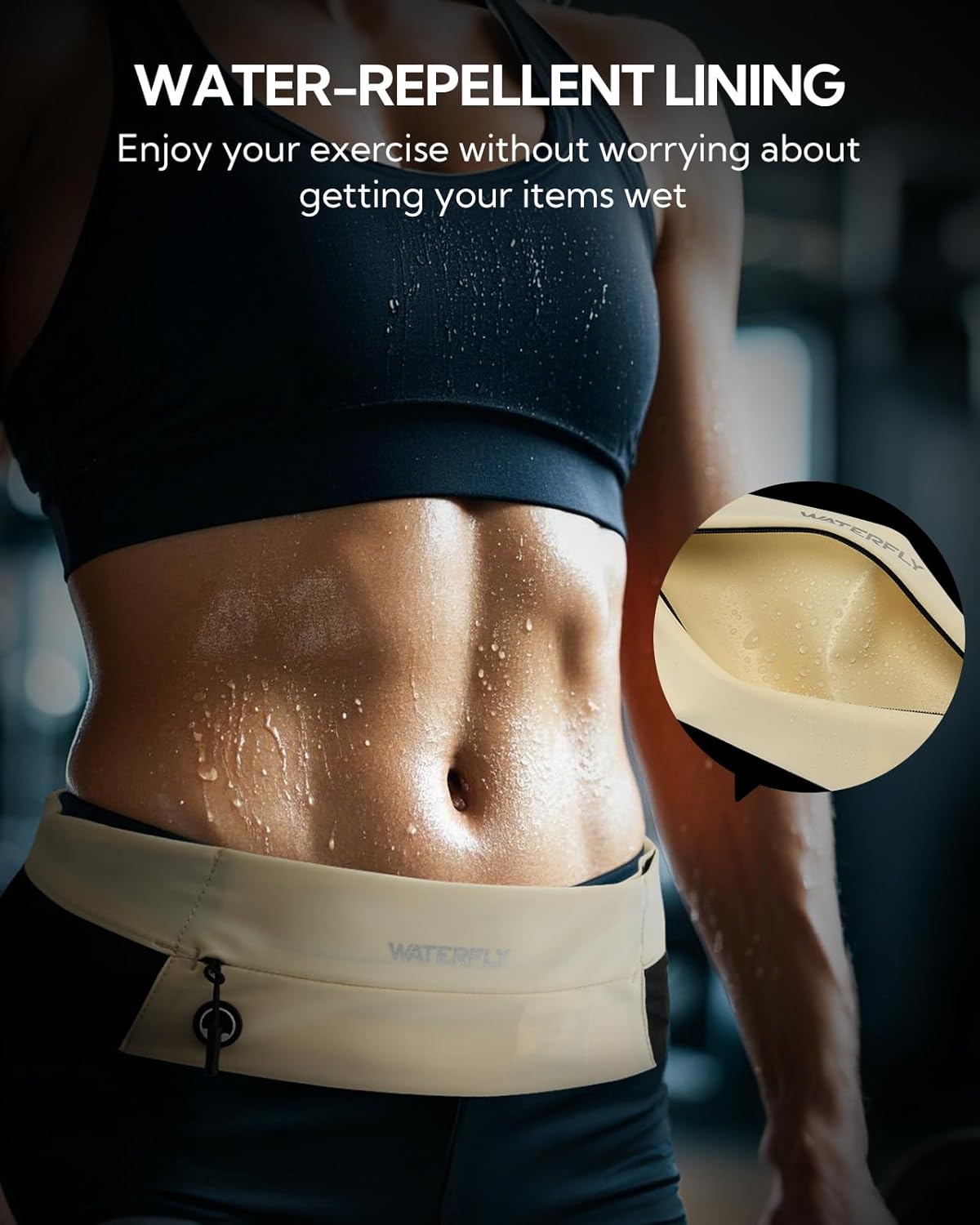 WATERFLY Running Belt Fanny Pack: Slim Waist Bag for Men Women, Workout Fitness Phone Holder for Exercise Marathon Jogging-Beige