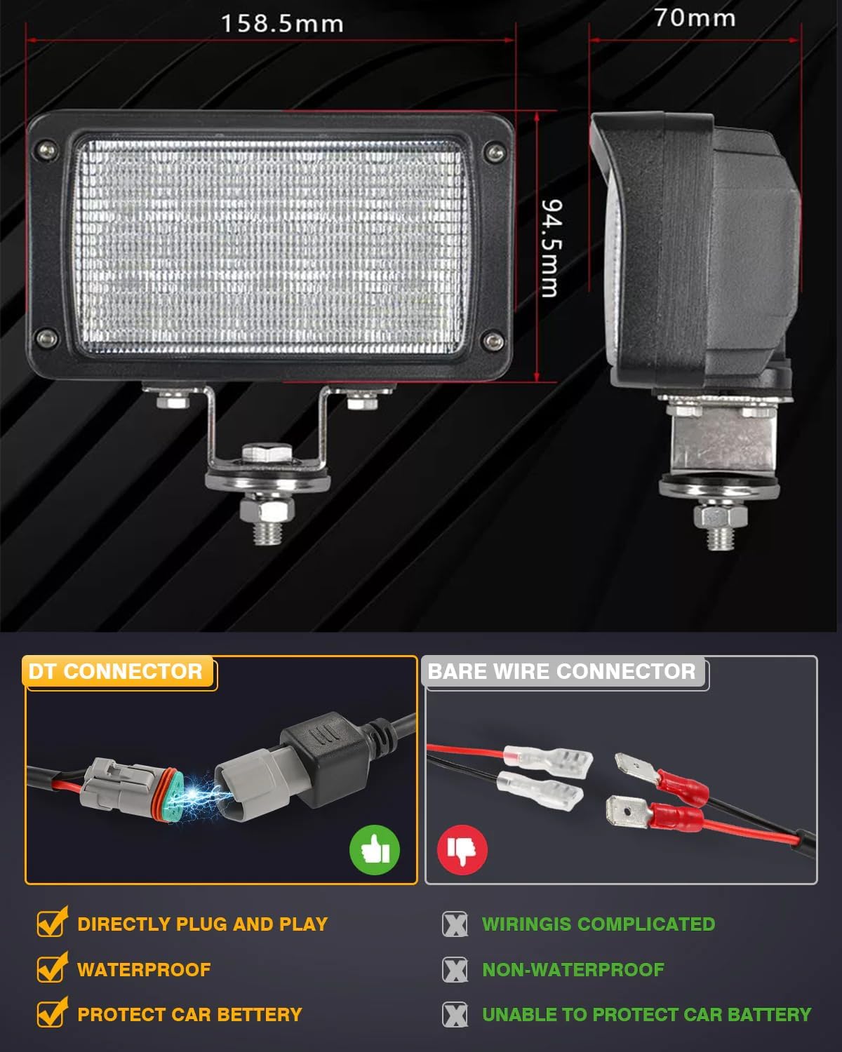 2PACK 6.3IN 45W Led Work Lights 12v/24v 4500LM 6500K Rectangular Foglights,Waterproof Offroad Flood Led Light Bar for Tractor,Truck,Combine,Heavy Equipment,with DT Connector