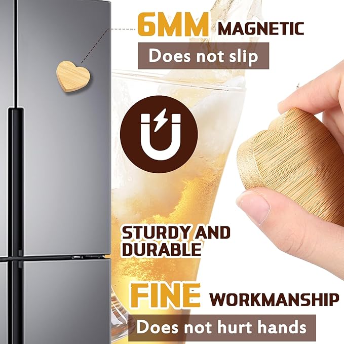 Vesici 50 Pcs Magnetic Bottle Opener 2.5in DIY Bamboo Heart Shape Beer Openers Wooden Fridge Magnet Refrigerator Sticker Gift for Beer Lover Wedding Guest Kitchens Bars Parties