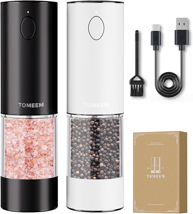Upgraded Larger Capacity Electric Salt and Pepper Grinder Set Rechargeable with LED lights, Stainless Steel Automatic Pepper and Salt Grinder Refillable with 5 Adjustable Coarseness Black - White