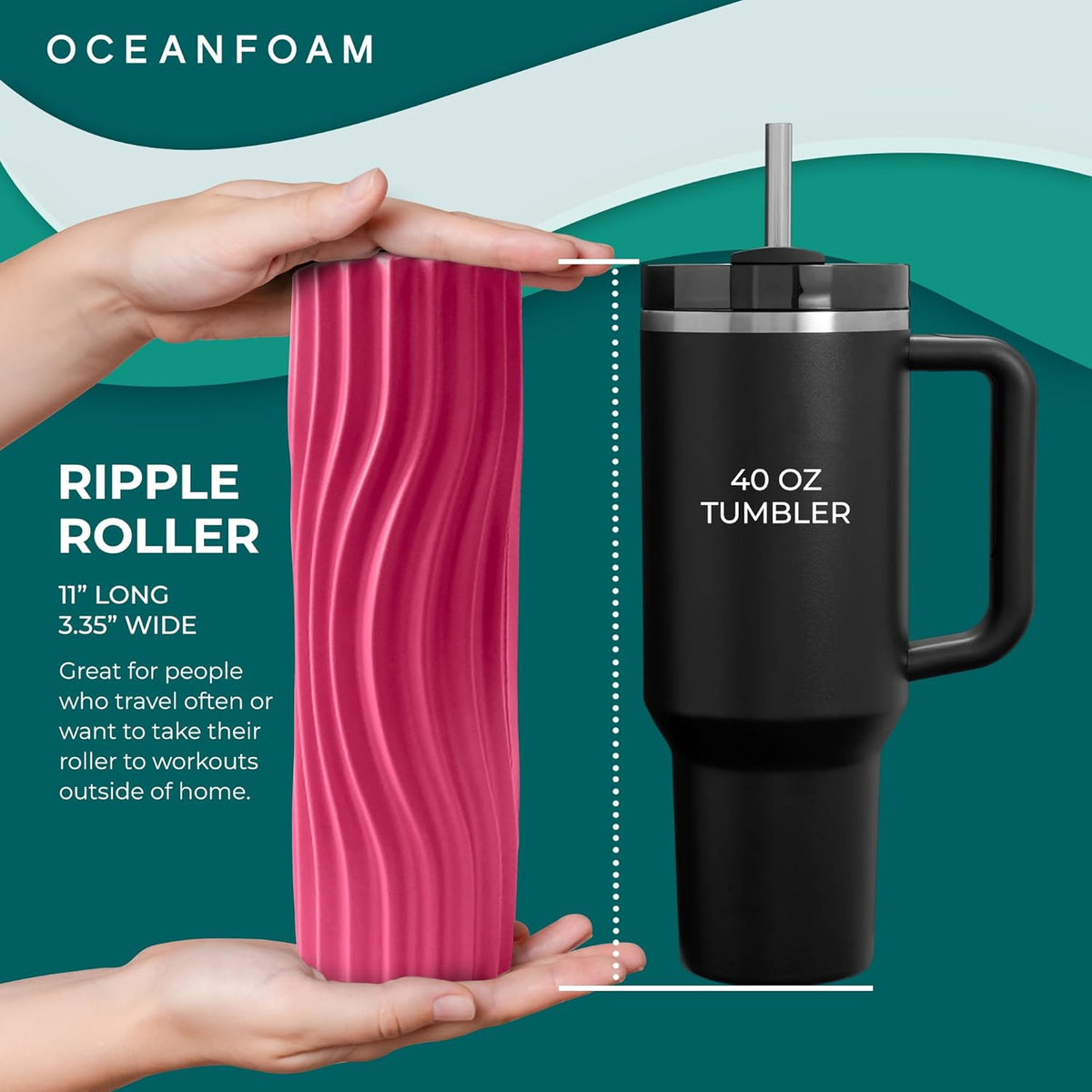 Oceanfoam Ripple Travel Foam Roller (11" x 3.35") Firm Mini Foam Roller for Physical Therapy, Deep Tissue Massage, Back Pain - High Density, Ergonomic Wave Textured, Yoga, Pilates, Exercise (Hot Pink)