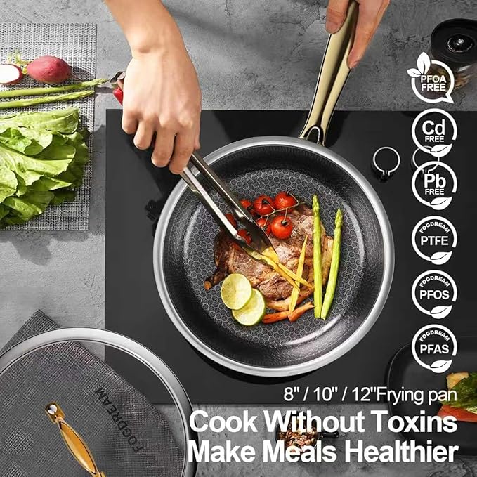 FogDream 10 Inch Stainless Steel Frying Pan with Lid, Honeycomb Hybrid Nonstick Skillet for Induction & All Cooktops, PFAS/PFOA/PTFE Free, Oven Safe to 500°F, Stay-Cool Handle, Dishwasher Safe, Gold
