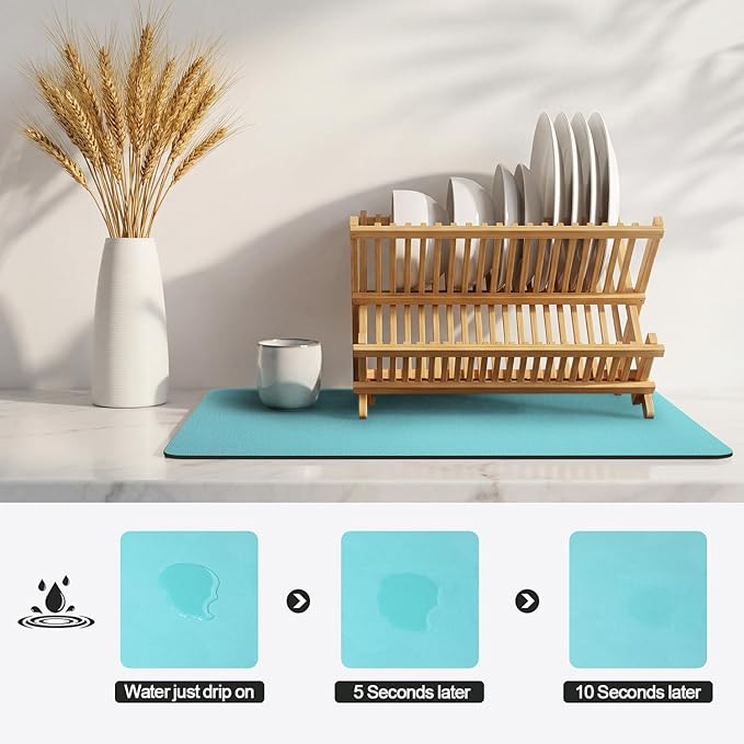 Ecotrim - Dish Drying Mat for Kitchen Counter | Coffee Bar Mat for Countertops | Heat Resistant Drainer Mat with Non-slip Rubber Backed | Hide Stain Kitchen Absorbent Draining Mat | Turquoise 18"x32"