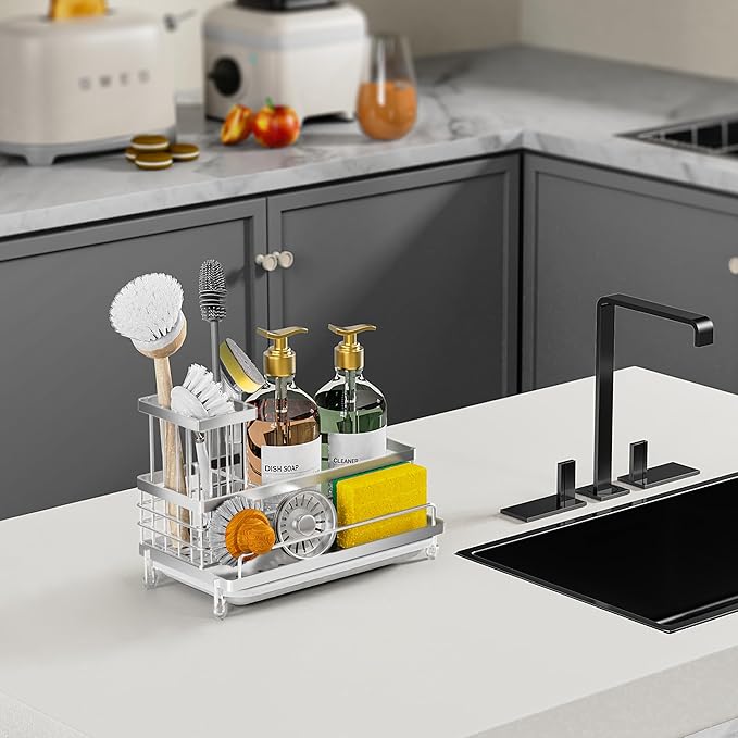 Cisily Stainless Steel Kitchen Sink Caddy Organizer, Sponge Holder for Sink Rustproof, Non-Slip Soap Dish Dispenser Brush Holder Storage, Home & Kitchen Essentials Accessories