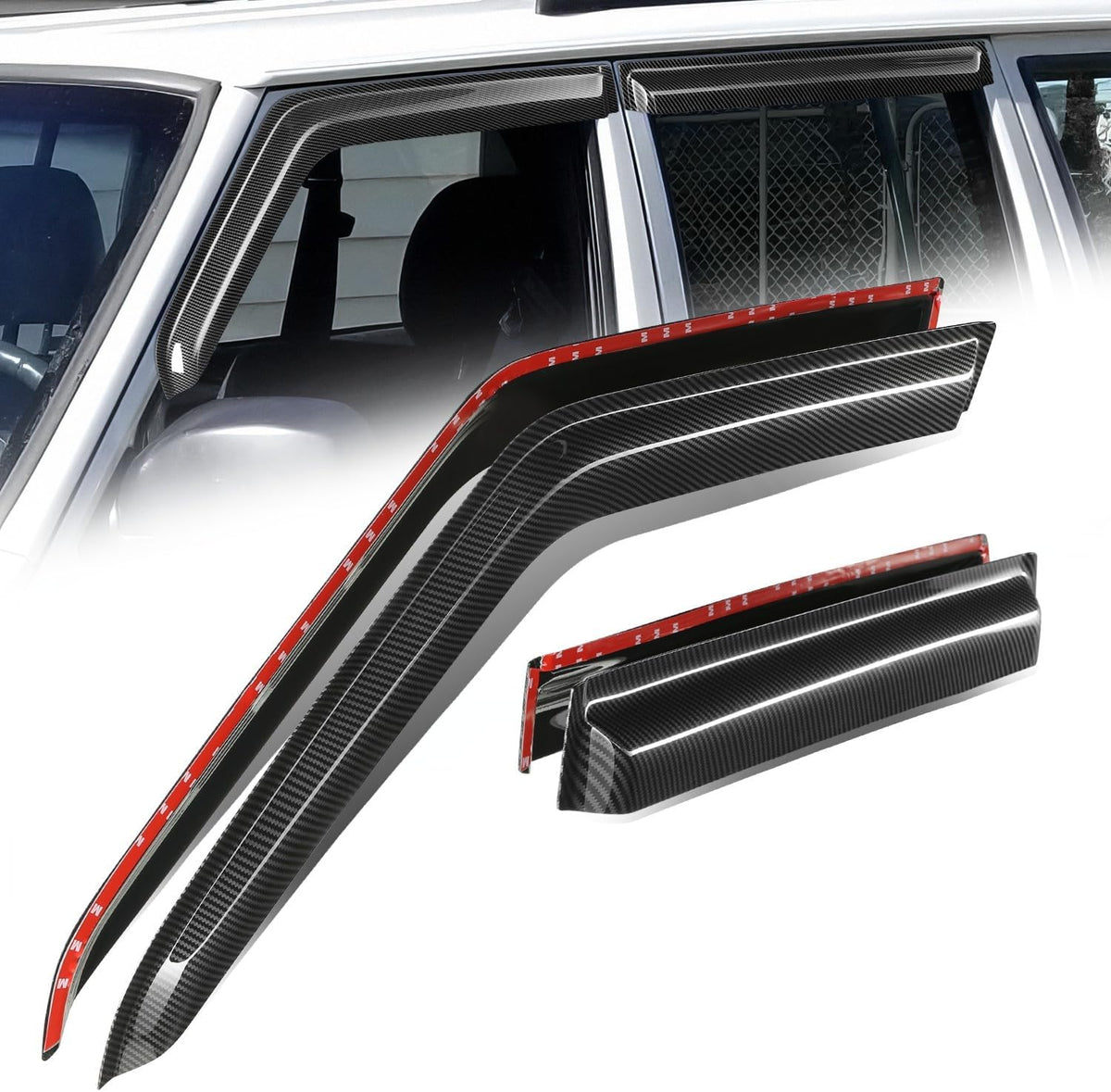 Auto Dynasty 4Pcs Carbon Fiber Pattern Window Visors Compatible with 1984-2001 Jeep Cherokee, Tape-On Front & Rear Window Deflectors Rain Guards Sun Wind Air Side Vent Shade, Glossy Black