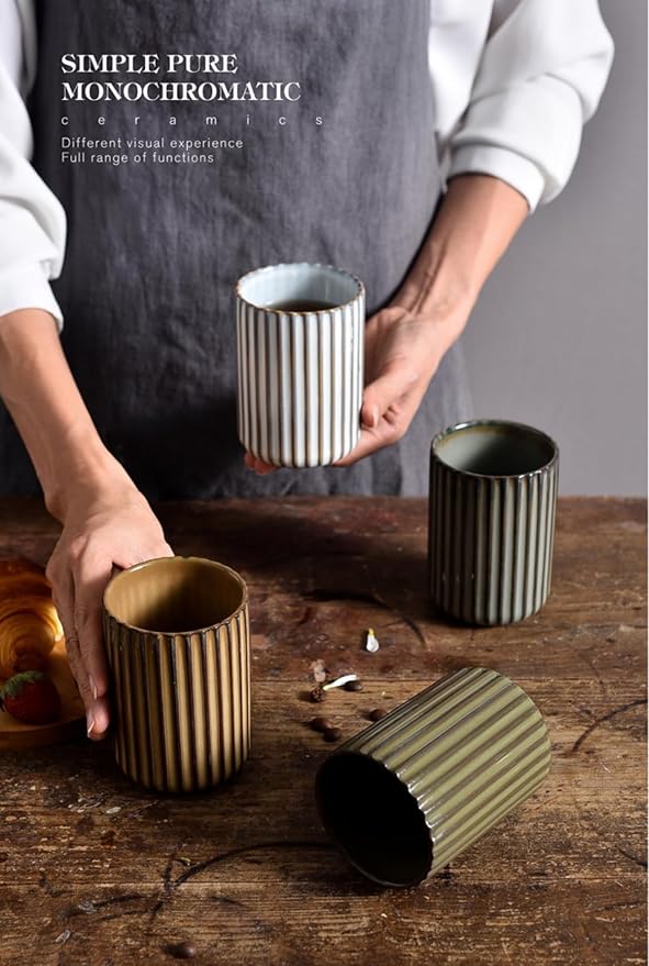 TOPYOKK Stoneware Coffee Bar Utensil Holder Tea & Coffee Spoon & Stirrer Holder for Stir Stick Straw Teaspoon Holder Spoon Cup Small Utensil Jar Fluted Vertical Stripe (Rustic Brown)