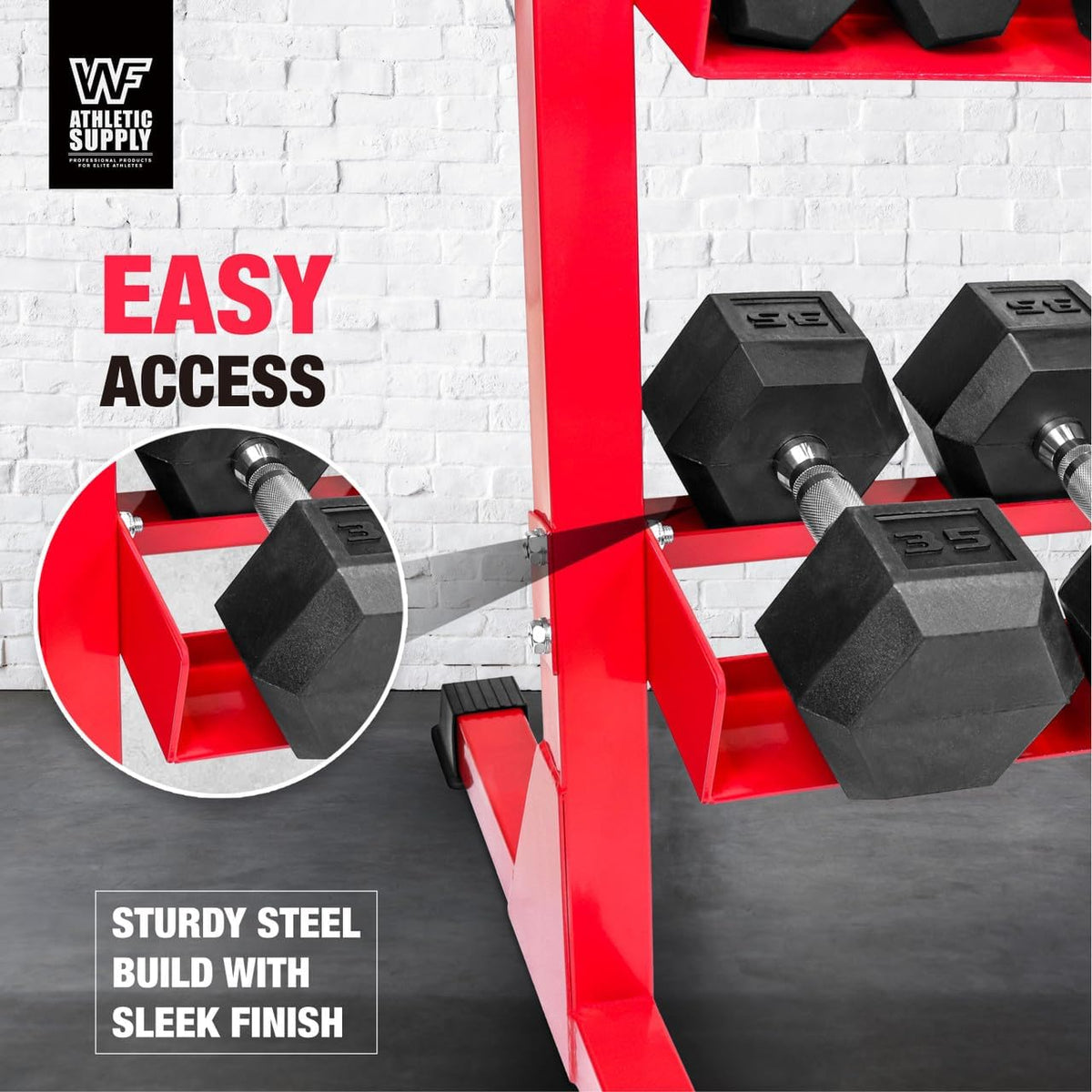 WF Athletic Supply Heavy-Duty Dumbbell Rack Stand, Weight Rack for Home Gym, Weight Holder, Available Sizes for Storage 5-50LB or 5-75LB Dumbbell Pairs, Black/Red/Green/Blue, RACK ONLY