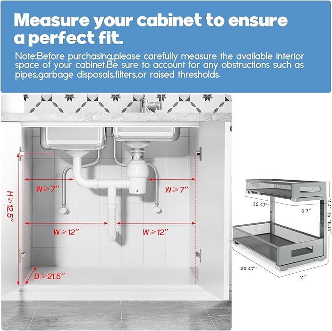 1 Pack 20.47IN Depth Under Sink Storage Organizer, Large 2-Tier Elegant Mesh Pull Out Shelf for Kitchen and Bathroom Cabinet Organization, L-Shaped and Adjustable Height Design-Gun Gray