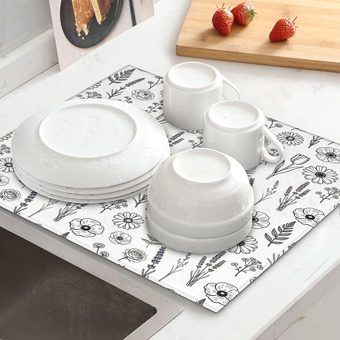 Black and White Floral Aesthetics Dish Drying Mat, for Kitchen Counter Microfiber Absorbent, Dish Draining Mat Extra Large 18"x24"
