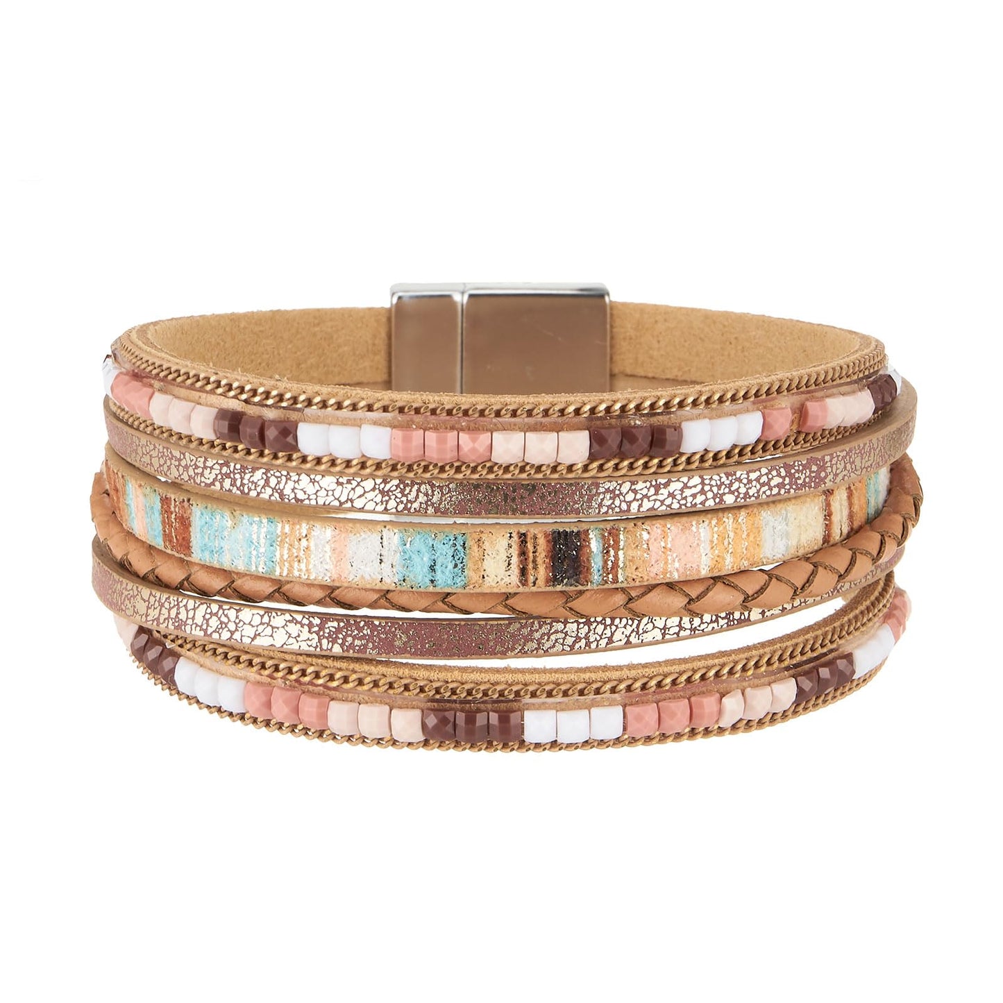 QIUTIMIY Leather Bracelets for Women Trendy Boho Cuff Bracelet Layered Bangle with Clasp Hand Wrist Jewelry Western(Style 1-Brown)
