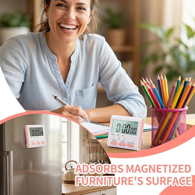 Mudder 3 Pack Digital Kitchen Timer for Cooking, Large Digits, 24 Hour Magnetic Backing Stand Kitchen Timers Clock for Classroom Kids Teachers, Loud Alarm and Large Screen (Pink)