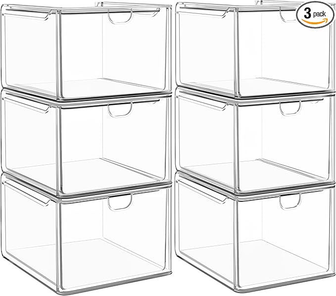 caktraie 6 Pack Small Stackable Stroage Drawers, Acrylic Bathroom Makeup Organizer, Plastic Storage Bins For Vanity, Undersink, Kitchen Cabinets, Pantry, Home Organization