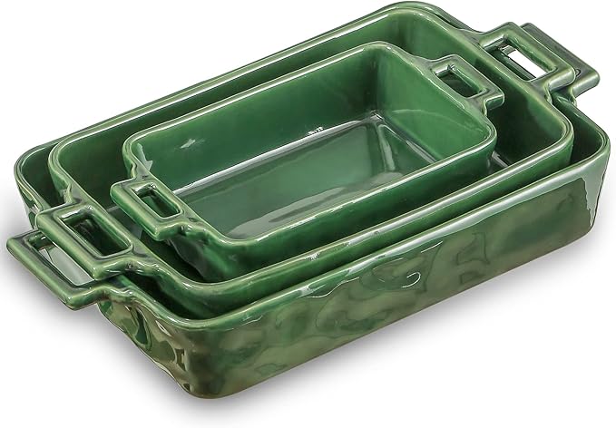 VICRAYS Ceramic Bakeware Set, Porcelain Rectangular Baking Dish, Baking Pan Lasagna Pans Casserole Dish Set for Cooking, Kitchen, Cake Dinner, Banquet and Daily Use, 3 PCS, 15 x 8.5 Inches(Green)