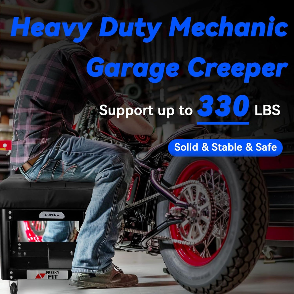 Rolling Creeper Garage Shop Seat for Men, Padded Mechanics Stool with Tool Tray Storage for Garage, Rolling Workshop Stool with Wheels, Auto Creeper Seat, 330 LBS Capacity, Heavy Duty, Black